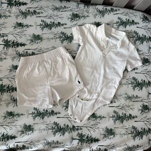 Ralph Lauren White Baby Boy Matching Set Shorts and Polo One Piece Baptism